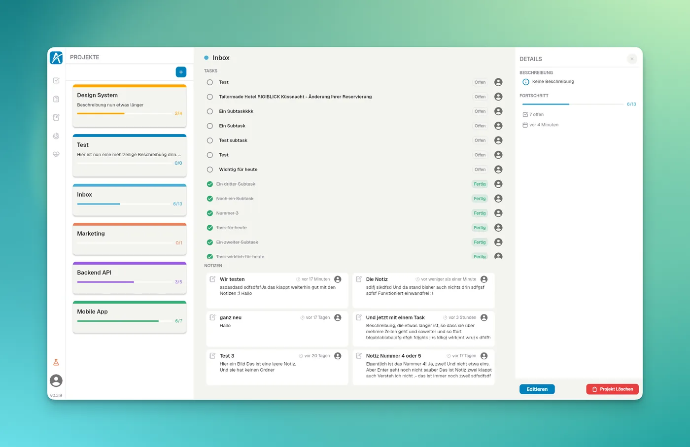 Aevo Projektübersicht mit Fortschritt, Tasks und Notizen