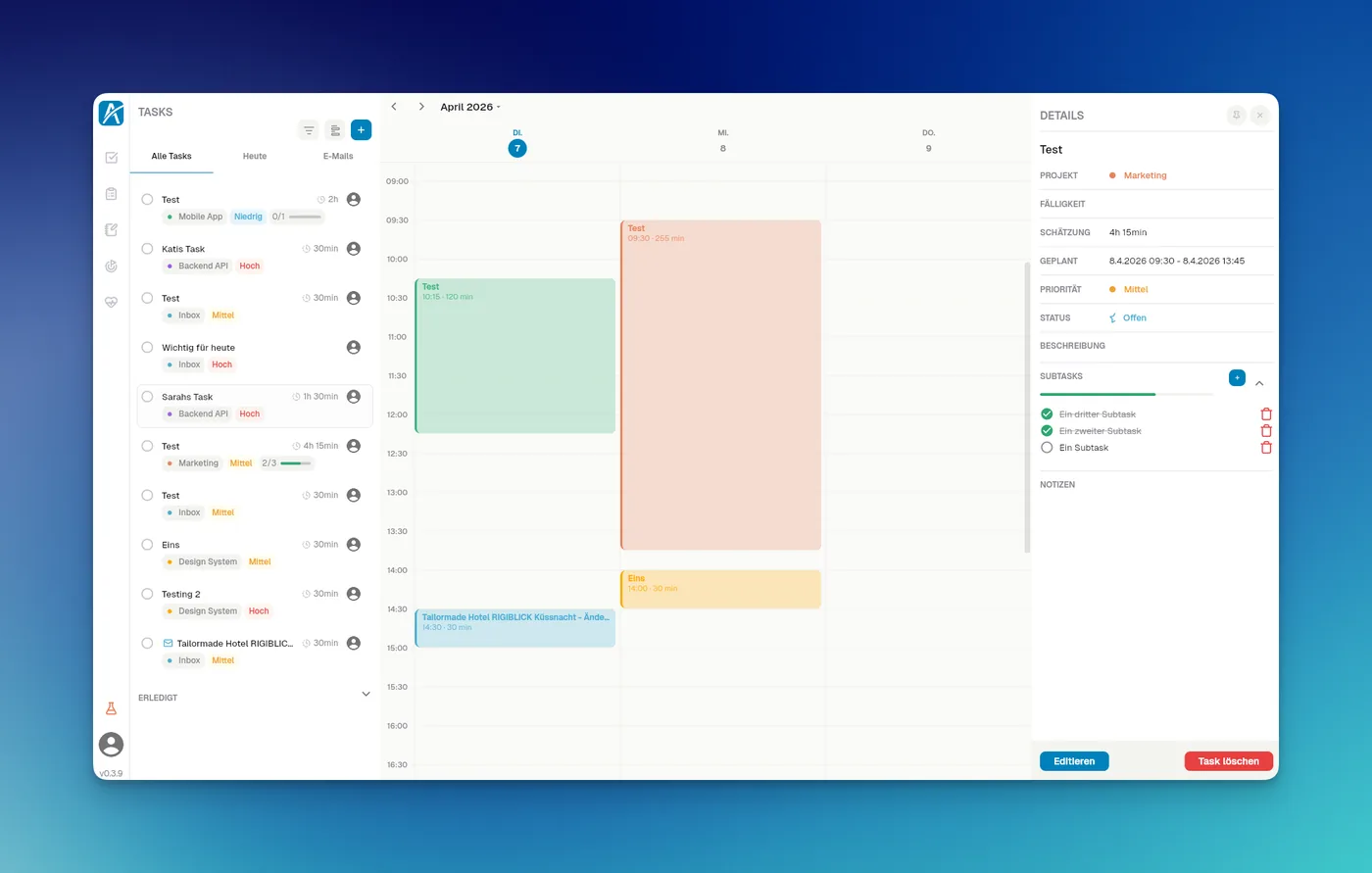 Aevo Aufgabenplanung mit Drag-and-Drop-Kalender