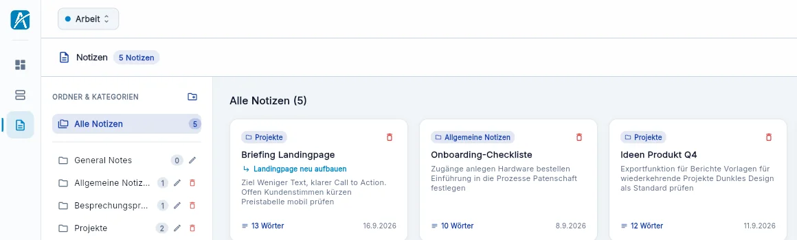 Notizen-Studio in Aevo mit Ordnern und Markdown-Notizen